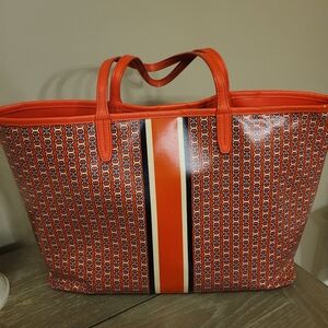 Tory Burch Coated Canvas Orange Gemini Link Tote Bag
